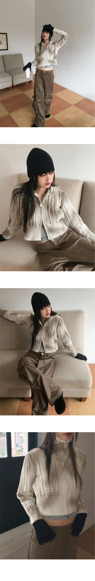 Duel Faded Twisted Two Way High Neck Crop Long Sleeve Knitwear Zip Up
