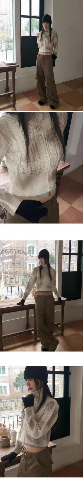 Duel Faded Twisted Two Way High Neck Crop Long Sleeve Knitwear Zip Up