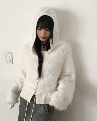 Soco Knitwear color combination angora fur button hooded cardigan