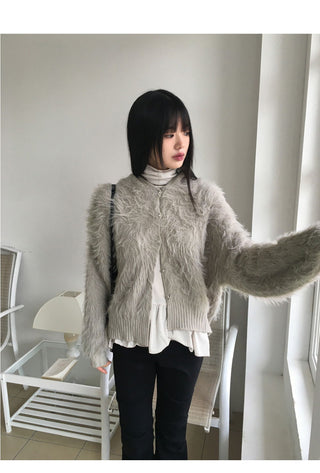 Soco Knitwear color combination angora fur button hooded cardigan