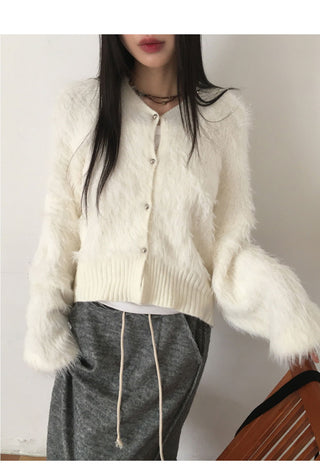 Soco Knitwear color combination angora fur button hooded cardigan