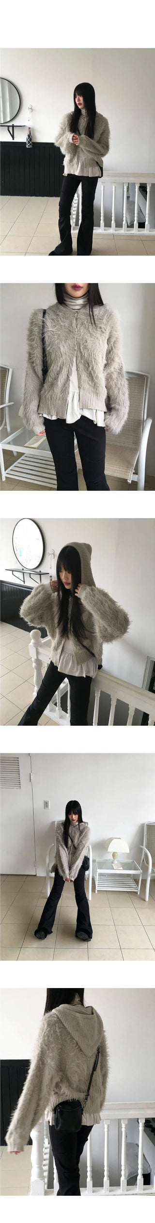 Soco Knitwear color combination angora fur button hooded cardigan