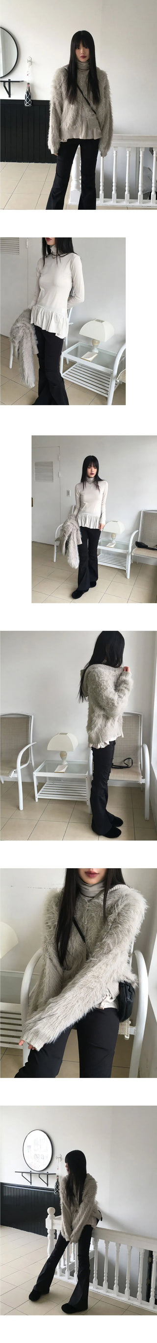 Soco Knitwear color combination angora fur button hooded cardigan
