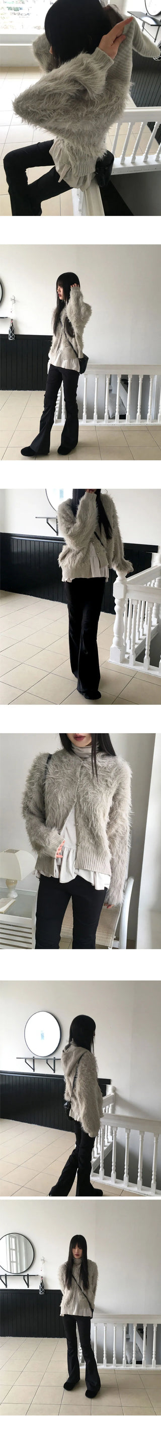 Soco Knitwear color combination angora fur button hooded cardigan