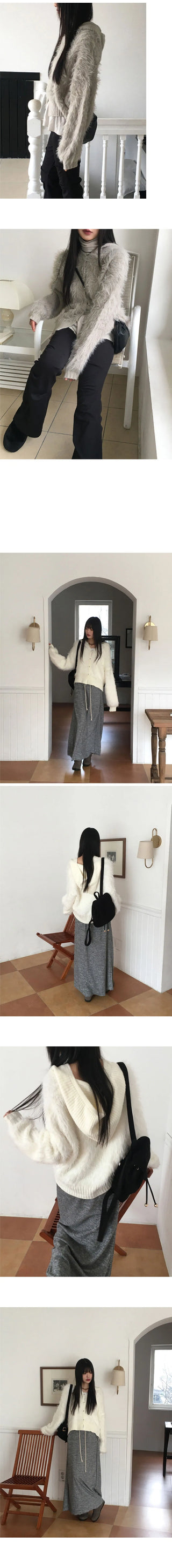 Soco Knitwear color combination angora fur button hooded cardigan
