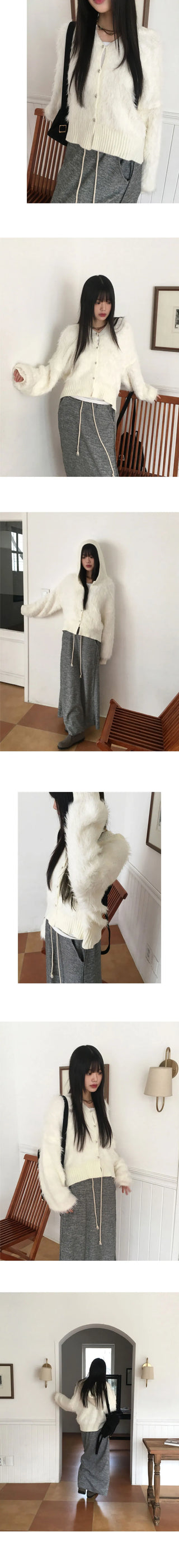 Soco Knitwear color combination angora fur button hooded cardigan