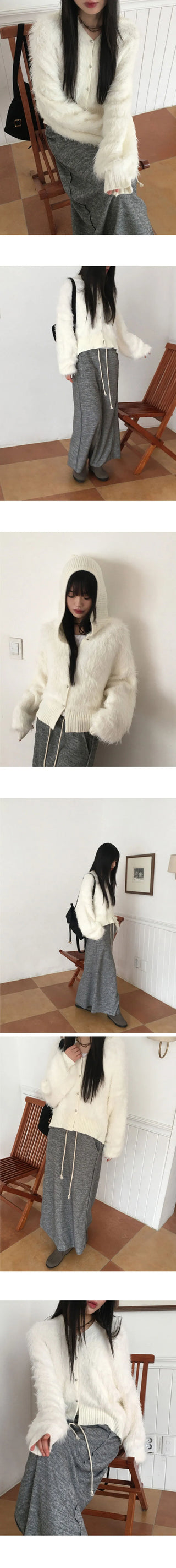 Soco Knitwear color combination angora fur button hooded cardigan