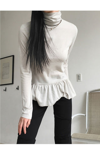 Hawk frill shirring layered Fleece-lined Turtleneck t-shirt
