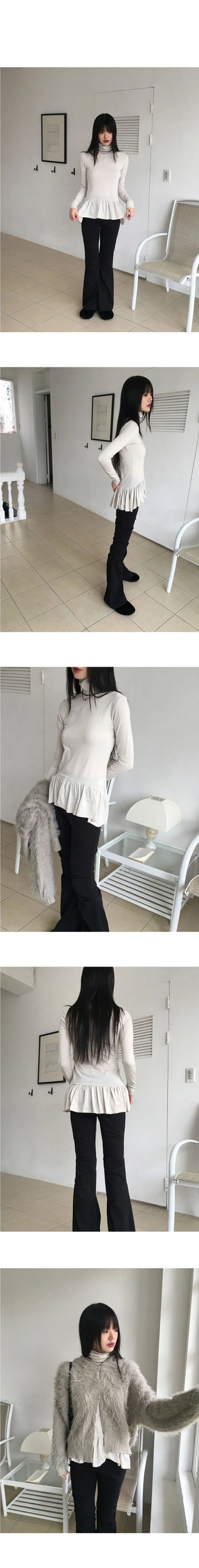 Hawk frill shirring layered Fleece-lined Turtleneck t-shirt