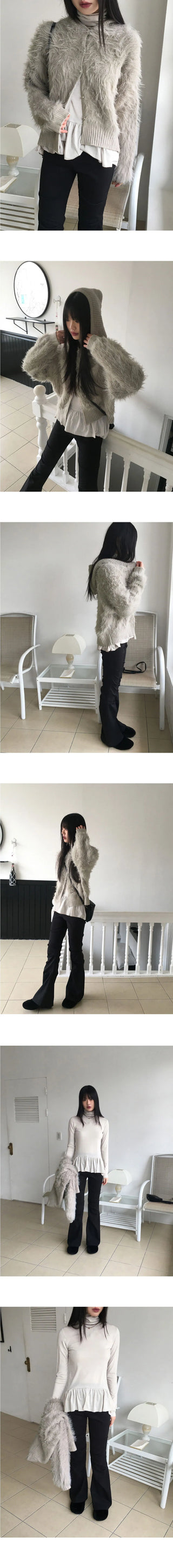 Hawk frill shirring layered Fleece-lined Turtleneck t-shirt