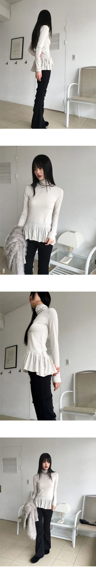 Hawk frill shirring layered Fleece-lined Turtleneck t-shirt