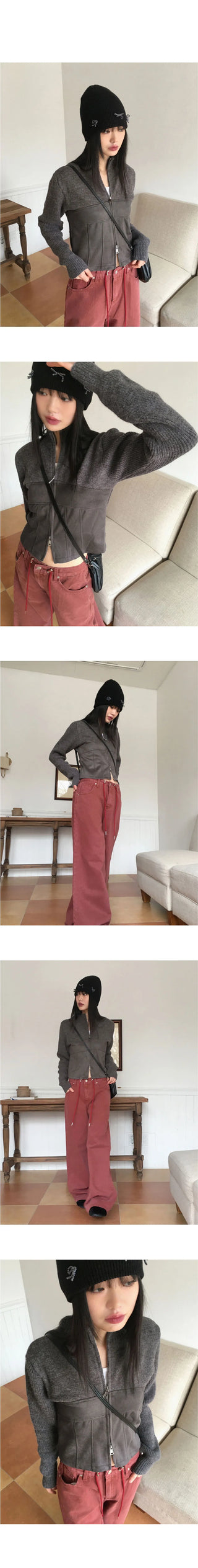 Deeds Split suede color combination two-way Knitwear zip-up