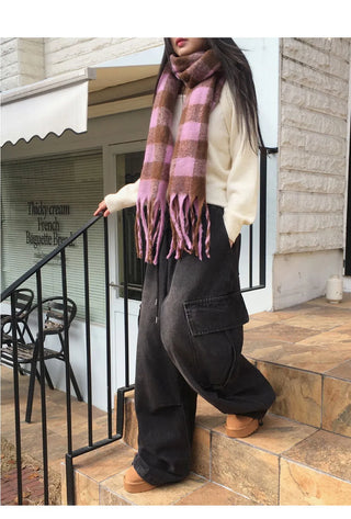 Coing brush check long muffler scarf
