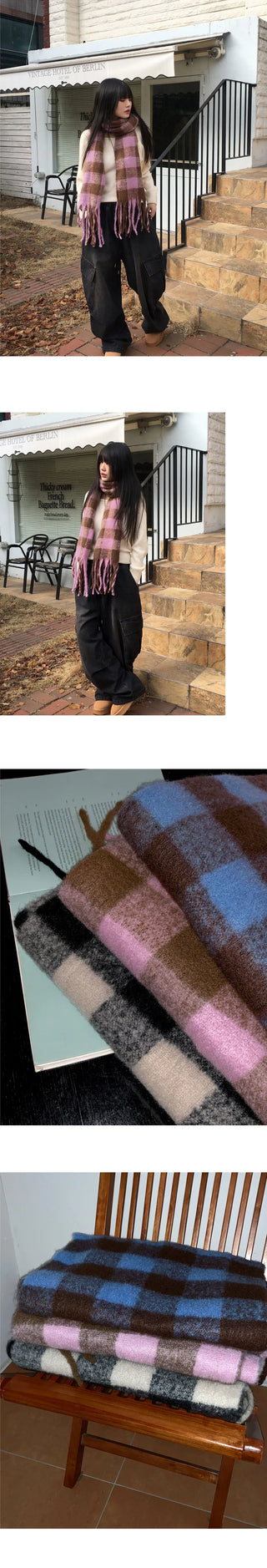 Coing brush check long muffler scarf