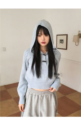 Hind Twisted Tteokbokki Button Hood Long Sleeve Knitwear
