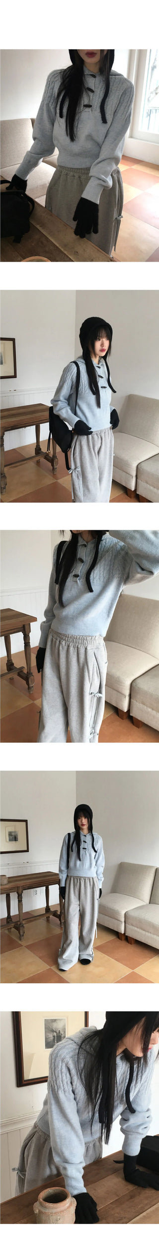 Hind Twisted Tteokbokki Button Hood Long Sleeve Knitwear