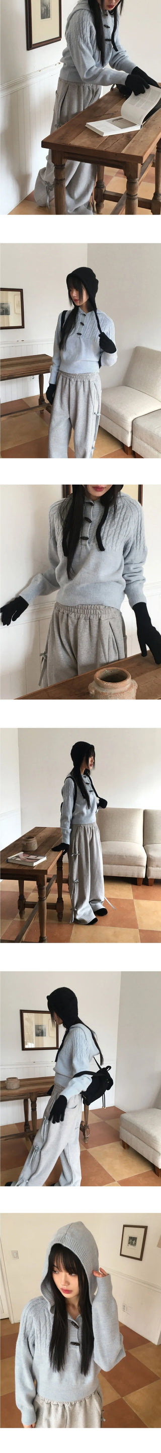 Hind Twisted Tteokbokki Button Hood Long Sleeve Knitwear