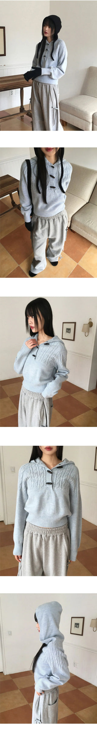 Hind Twisted Tteokbokki Button Hood Long Sleeve Knitwear