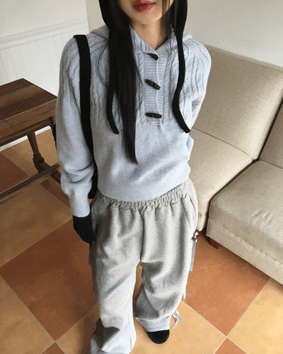 Hind Twisted Tteokbokki Button Hood Long Sleeve Knitwear