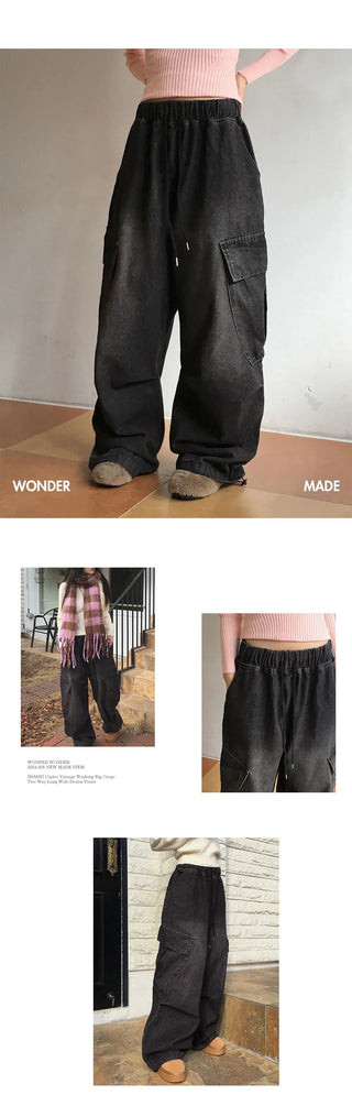 Copter vintage Faded two-way banding big cargo long wide denim pants