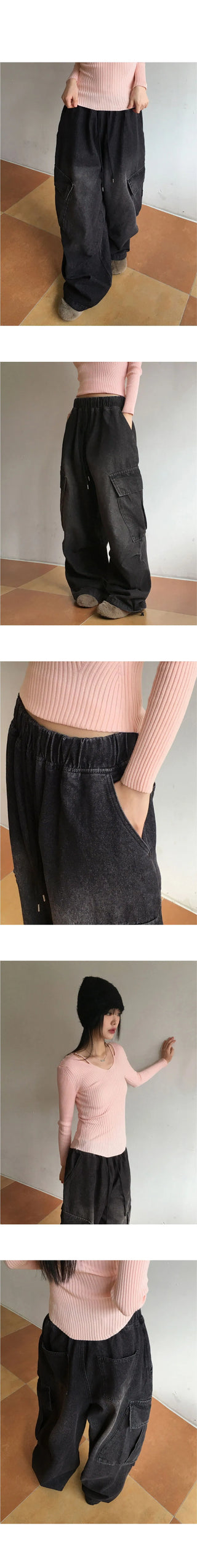 Copter vintage Faded two-way banding big cargo long wide denim pants