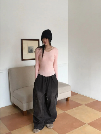Copter vintage Faded two-way banding big cargo long wide denim pants