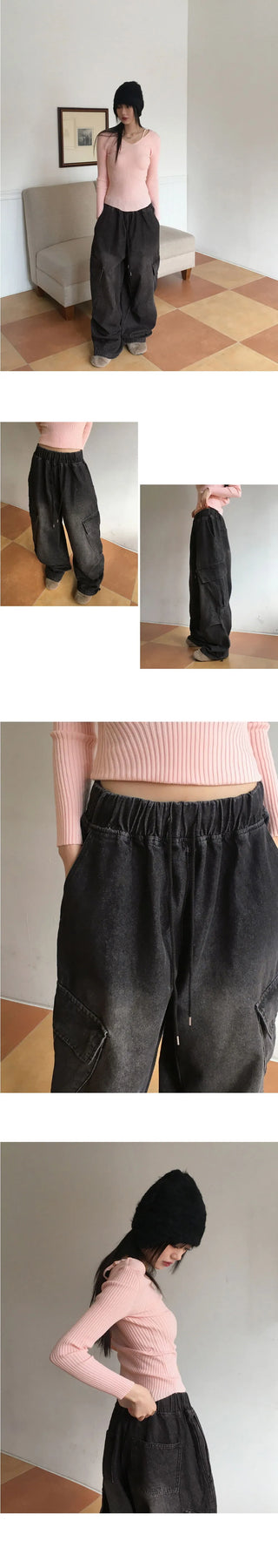 Copter vintage Faded two-way banding big cargo long wide denim pants