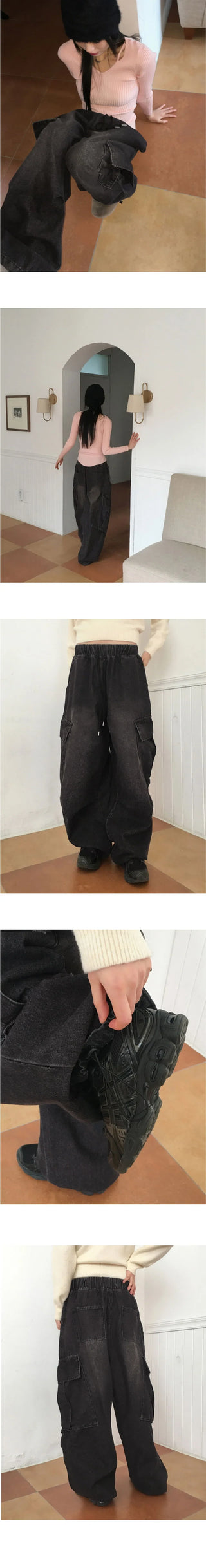 Copter vintage Faded two-way banding big cargo long wide denim pants
