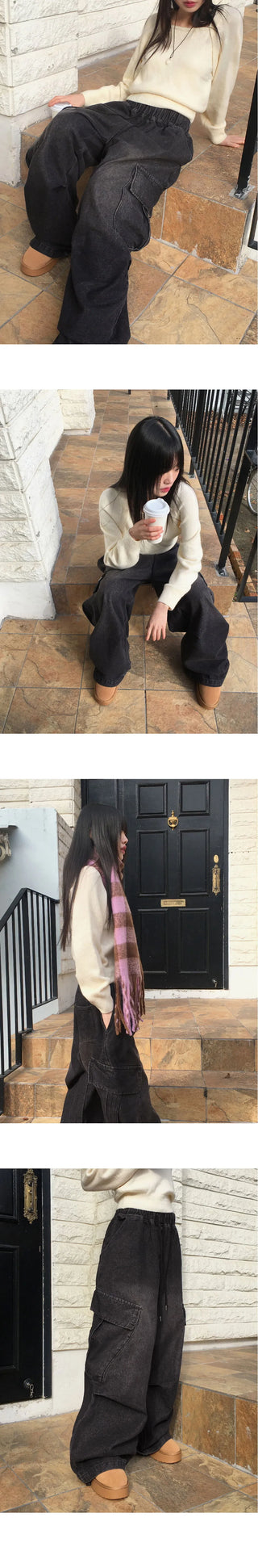 Copter vintage Faded two-way banding big cargo long wide denim pants