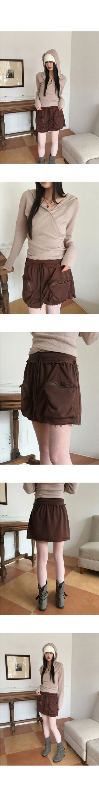 Zenda Biscuit Cargo Zipper Pocket Banding Juri Mini Skirt
