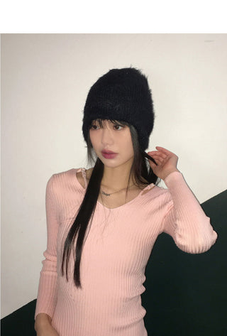 Atter Strap Deep V-Neck Slim Ribbed Long Sleeve Knitwear