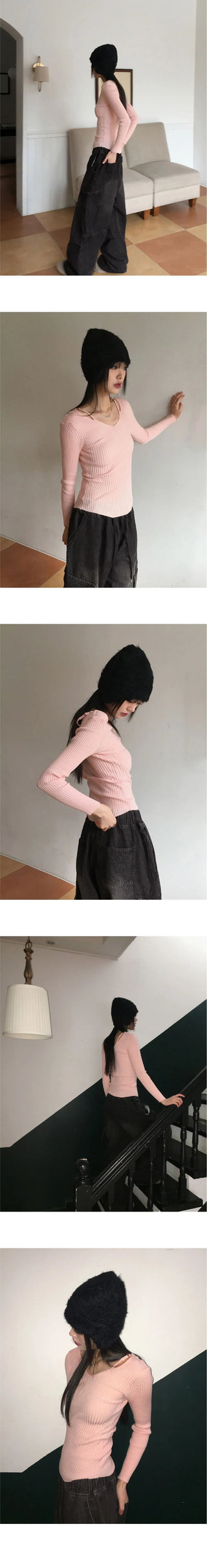 Atter Strap Deep V-Neck Slim Ribbed Long Sleeve Knitwear