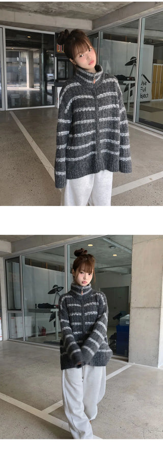 The Striped breasted mohair knitwear cardigan