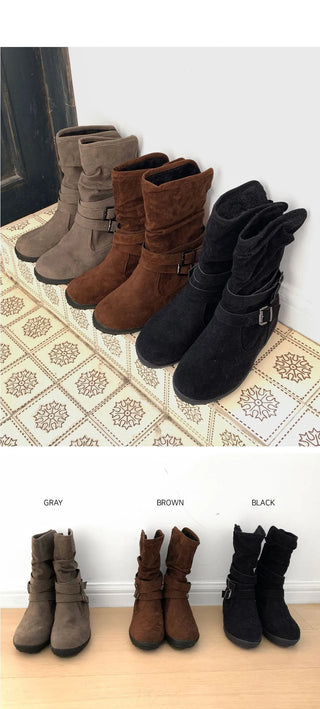 Reveal vintage belt shirring suede 3cm middle boots