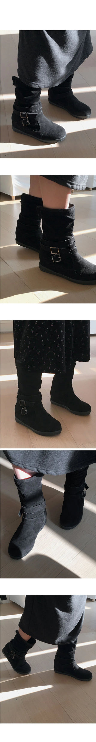 Reveal vintage belt shirring suede 3cm middle boots