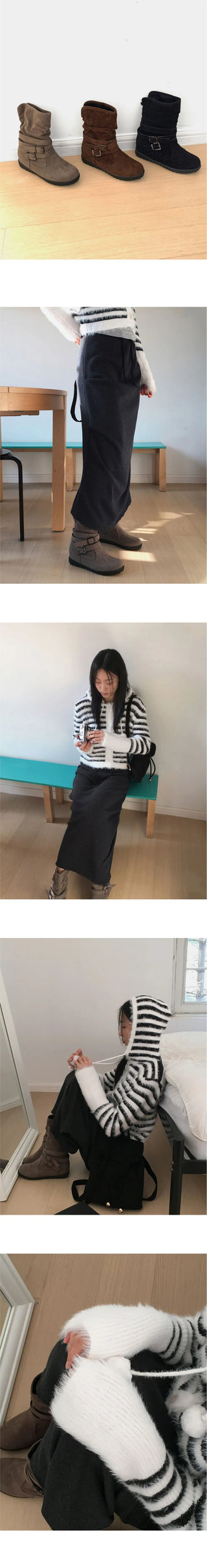 Reveal vintage belt shirring suede 3cm middle boots
