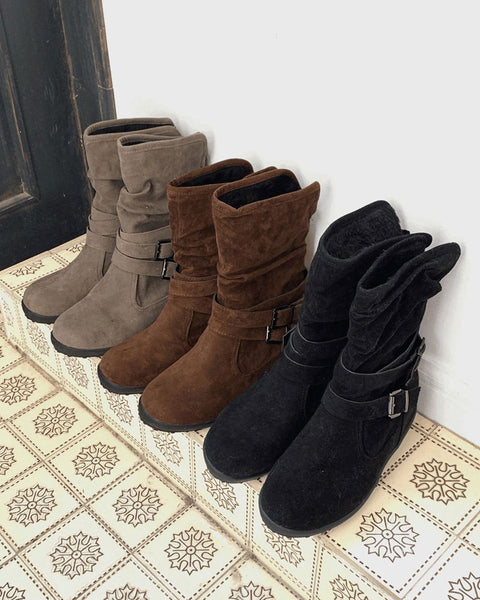 Reveal vintage belt shirring suede 3cm middle boots