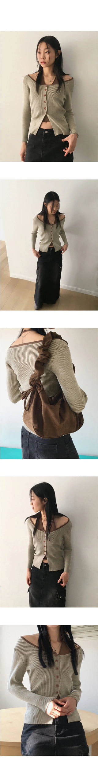 Bua Halterneck Sleeveless Integrated Ribbed Color Button Long Sleeve T-Shirt