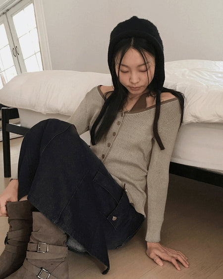 Bua Halterneck Sleeveless Integrated Ribbed Color Button Long Sleeve T-Shirt