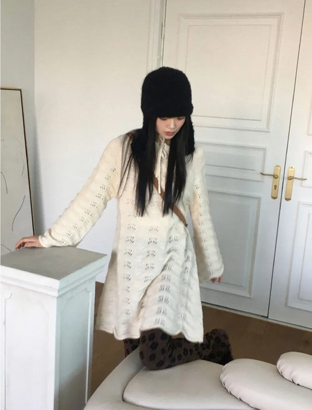 Flute Ribbon Strap Punching Wave Knitwear Dress