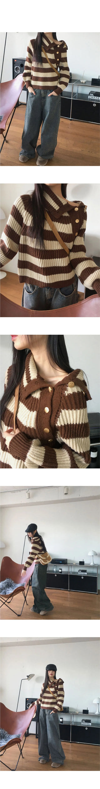 Lambo Striped Unbuttoned Collar Long Sleeve Knitwear
