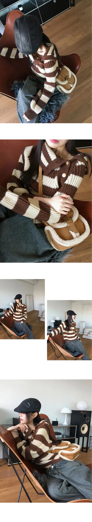 Lambo Striped Unbuttoned Collar Long Sleeve Knitwear