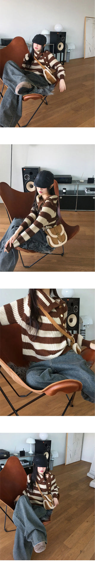 Lambo Striped Unbuttoned Collar Long Sleeve Knitwear