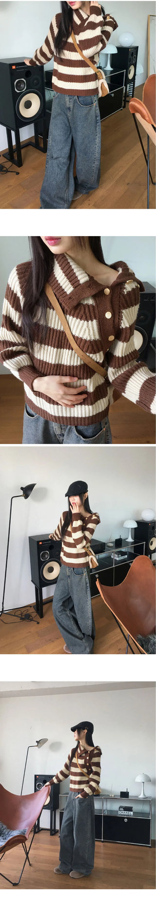 Lambo Striped Unbuttoned Collar Long Sleeve Knitwear