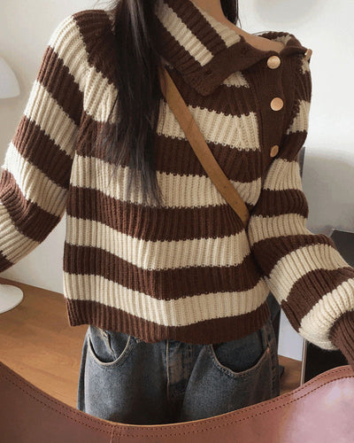 Lambo Striped Unbuttoned Collar Long Sleeve Knitwear