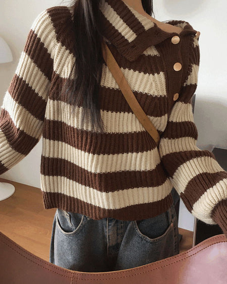 Lambo Striped Unbuttoned Collar Long Sleeve Knitwear
