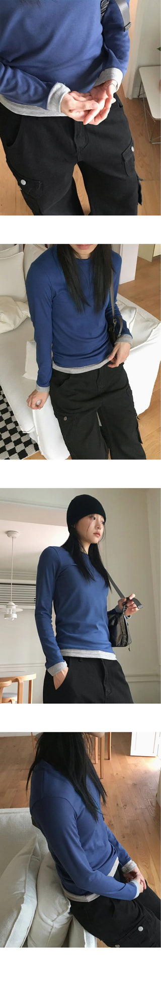 Arts color combination layered integrated crop long sleeve t-shirt