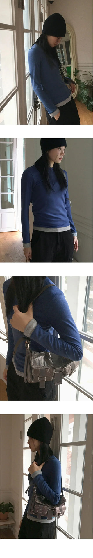 Arts color combination layered integrated crop long sleeve t-shirt