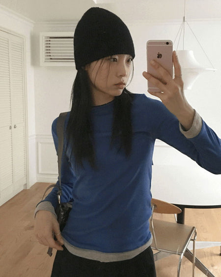 Arts color combination layered integrated crop long sleeve t-shirt