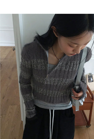 Near Angora Fur Color Stripe Two-way Diagonal Zipper Long Sleeve Knitwear